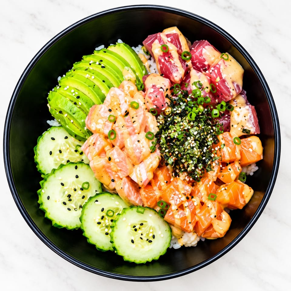 Poke bowl with sushi rice, salmon, tuna, avocado, cucumber, spicy sauce, sesame seeds, seaweed, and green onions.