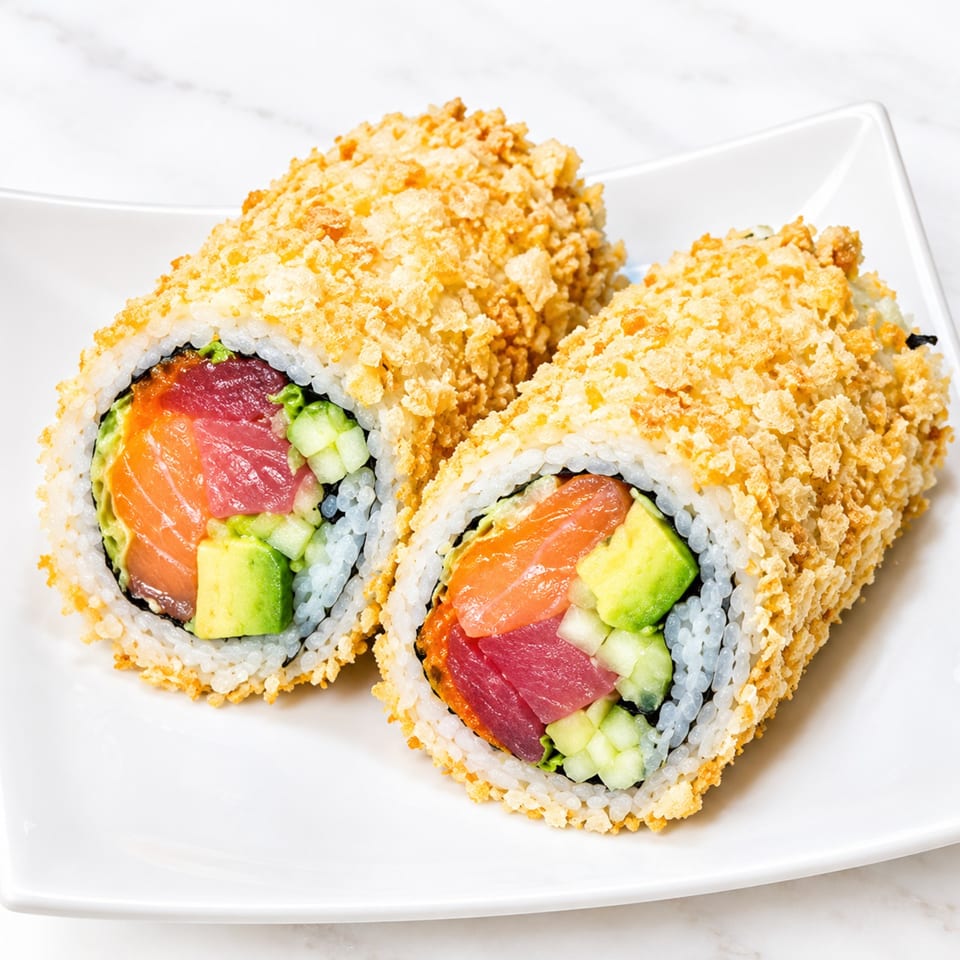 Two sushi rolls with salmon, tuna, avocado, and cucumber wrapped in crispy golden crumbs on a white plate.