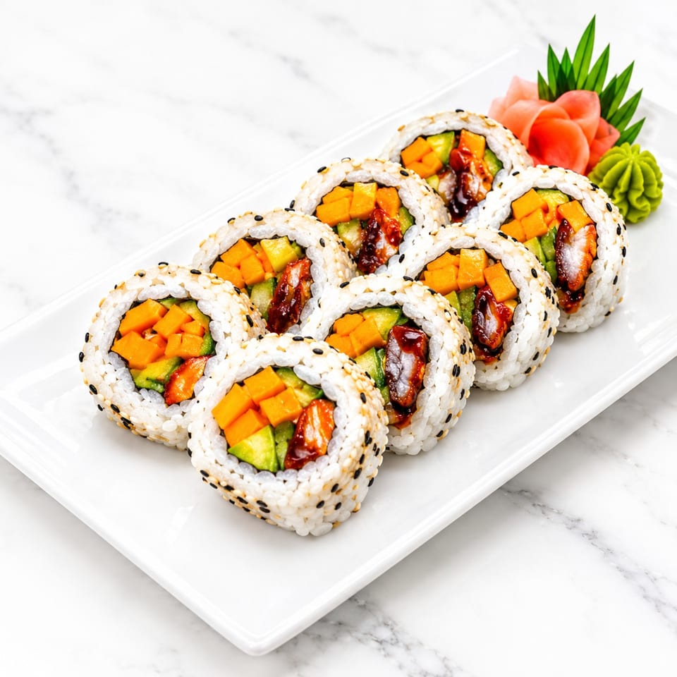 Six sesame-coated sushi rolls filled with avocado, mango, and glazed fish, served with pickled ginger and wasabi on a white platter.
