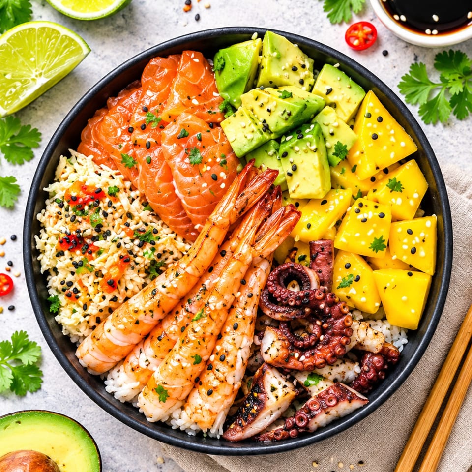 Colorful seafood rice bowl with salmon, shrimp, octopus, avocado, mango, and sesame seeds, surrounded by lime and cilantro.