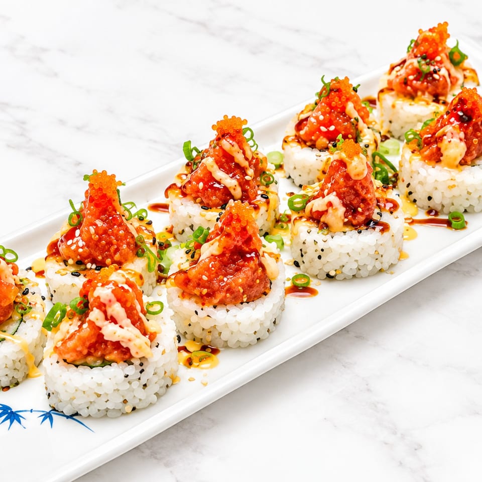 Sushi rolls topped with spicy orange seafood, creamy sauce, fish roe, sesame seeds, and scallions on a white platter.