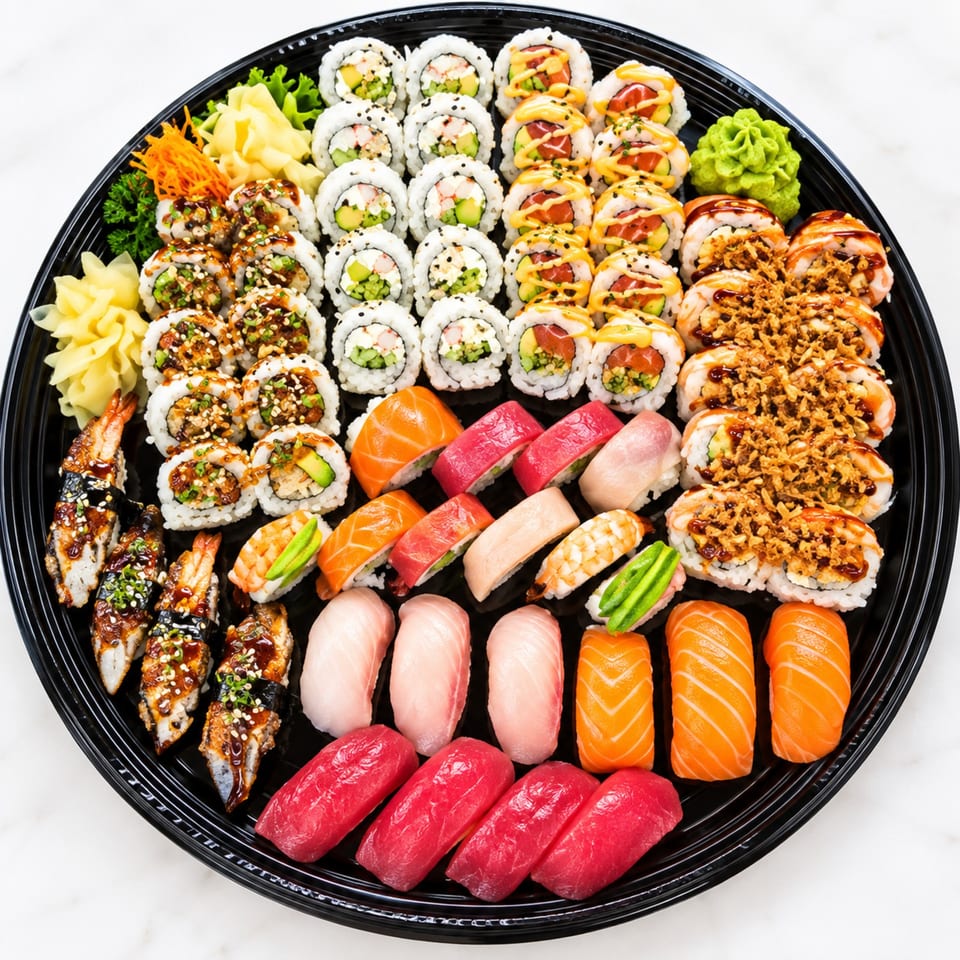 Large platter of assorted sushi rolls and nigiri with salmon, tuna, shrimp, sauces, wasabi, pickled ginger, and vegetables.